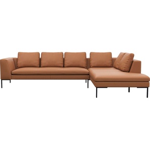 Ecksofa FLEXLUX Loano, superbequemer Sitzkomfort durch Kaltschaum im Sitz, L-Form Sofas Gr. B/H/T: 319 cm x 86 cm x 230 cm, Echtleder, lange Ottomane rechts, braun (modern cognac brown) modernes Sofa, frei im Raum stellbar, lose Kissen, hoher Fuß