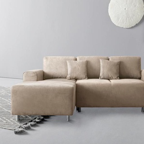 Ecksofa GUIDO MARIA KRETSCHMER HOME & LIVING Györ Sofas Gr. B/H/T: 235cm x 88cm x 160cm, Luxus-Microfaser Lederoptik, Recamiere links, mit Bettfunktion-mit Bettkasten, beige (beige 1) L-Form, wahlweise mit Bettfunktion und Bettkasten incl. 2 Zierkissen