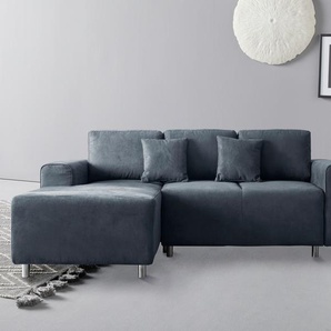 Ecksofa GUIDO MARIA KRETSCHMER HOME & LIVING Györ Sofas Gr. B/H/T: 235cm x 88cm x 160cm, Luxus-Microfaser Lederoptik, Recamiere links, mit Bettfunktion-mit Bettkasten, blau (dunkelblau) L-Form, wahlweise mit Bettfunktion und Bettkasten incl. 2 Zierkissen