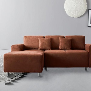 Ecksofa GUIDO MARIA KRETSCHMER HOME & LIVING Györ Sofas Gr. B/H/T: 235cm x 88cm x 160cm, Luxus-Microfaser Lederoptik, Recamiere links, ohne Bettfunktion-ohne Bettkasten, braun (cognac) L-Form, wahlweise mit Bettfunktion und Bettkasten incl. 2 Zierkissen