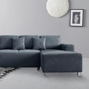 Ecksofa GUIDO MARIA KRETSCHMER HOME & LIVING Györ Sofas Gr. B/H/T: 235cm x 88cm x 160cm, Luxus-Microfaser Lederoptik, Recamiere rechts, mit Bettfunktion-mit Bettkasten, blau (dunkelblau) L-Form, wahlweise mit Bettfunktion und Bettkasten incl. 2 Zierkissen