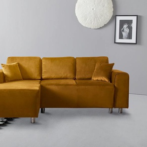 Ecksofa GUIDO MARIA KRETSCHMER HOME & LIVING Györ Sofas Gr. B/H/T: 235cm x 88cm x 160cm, Samtoptik, Recamiere links, ohne Bettfunktion-ohne Bettkasten, goldfarben L-Form, wahlweise mit Bettfunktion und Bettkasten incl. 2 Zierkissen