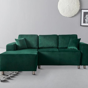 Ecksofa GUIDO MARIA KRETSCHMER HOME & LIVING Györ Sofas Gr. B/H/T: 235cm x 88cm x 160cm, Samtoptik, Recamiere links, ohne Bettfunktion-ohne Bettkasten, grün (dunkelgrün) L-Form, wahlweise mit Bettfunktion und Bettkasten incl. 2 Zierkissen