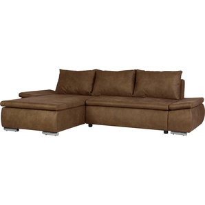 Ecksofa HOME AFFAIRE Acra L-Form Sofas Gr. B/H/T: 266cm x 83cm x 175cm, Luxus-Microfaser Lederoptik, Recamiere links, braun (cognac) mit Bettfunktion und Bettkasten, in Mattenoptik