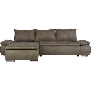 Ecksofa HOME AFFAIRE Acra L-Form Sofas Gr. B/H/T: 266cm x 83cm x 175cm, Luxus-Microfaser Lederoptik, Recamiere links, grau (stone) mit Bettfunktion und Bettkasten, in Mattenoptik