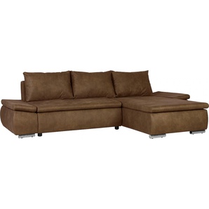 Ecksofa HOME AFFAIRE Acra L-Form Sofas Gr. B/H/T: 266cm x 83cm x 175cm, Luxus-Microfaser Lederoptik, Recamiere rechts, braun (cognac) mit Bettfunktion und Bettkasten, in Mattenoptik