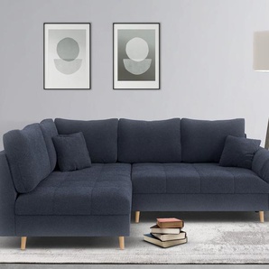 Ecksofa HOME AFFAIRE CHARRE incl. 3 Zierkissen Sofas Gr. B/H/T: 231cm x 81cm x 161cm, Bouclé, Ottomane links, blau (dunkelblau) L-Form, feine Steppung, lose Rückenkissen, auch in Cord und Bouclé