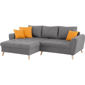 Ecksofa HOME AFFAIRE Fanö2 L-Form Sofas Gr. B/H/T: 246cm x 90cm x 170cm, Microfaser PRIMABELLE, Recamiere links, grau (hellgrau) mit feiner Steppung und vielen losen Kissen