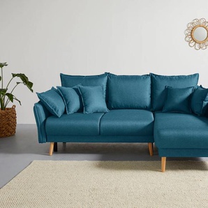 Ecksofa HOME AFFAIRE Granbo L-Form Sofas Gr. B/H/T: 240cm x 95cm x 170cm, Struktur fein, Recamiere rechts, mit Bettfunktion-mit Bettkasten, blau (petrol) incl. Bettfunktion und Bettkasten, Federkern-Polsterung, Seitentasche