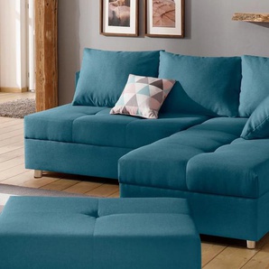 Ecksofa HOME AFFAIRE Italia L-Form Sofas Gr. B/H/T: 217cm x 80cm x 182cm, Struktur fein, mit Bettfunktion-mit Bettkasten, blau (petrol) mit Bettfunktion, Federkern