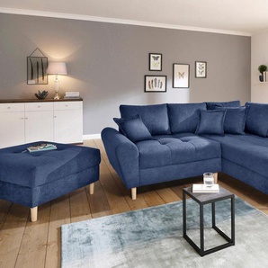 Ecksofa HOME AFFAIRE Rice L-Form Sofas Gr. B/H/T: 223cm x 47cm x 184cm, Microfaser PRIMABELLE, Ottomane beidseitig montierbar, blau (blau-marin) mit Bonnellfederkern, Hocker & Kissen, Ottomane beidseitig montierbar