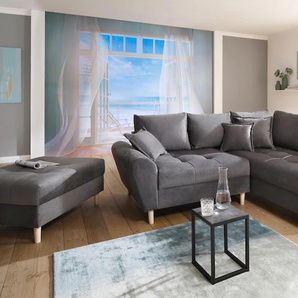 Ecksofa HOME AFFAIRE Rice L-Form Sofas Gr. B/H/T: 223cm x 47cm x 184cm, Luxus-Microfaser, Ottomane beidseitig montierbar, grau mit Bonnellfederkern, Hocker & Kissen, Ottomane beidseitig montierbar