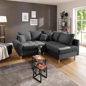 Ecksofa HOME AFFAIRE Rice L-Form Sofas Gr. B/H/T: 223cm x 47cm x 184cm, Samt, Ottomane beidseitig montierbar, grau (anthrazit) mit Bonnellfederkern, Hocker & Kissen, Ottomane beidseitig montierbar