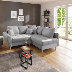 Ecksofa HOME AFFAIRE Rice L-Form Sofas Gr. B/H/T: 223cm x 47cm x 184cm, Samt, Ottomane beidseitig montierbar, grau (silbergrau) mit Bonnellfederkern, Hocker & Kissen, Ottomane beidseitig montierbar