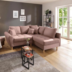 Ecksofa HOME AFFAIRE Rice L-Form Sofas Gr. B/H/T: 223cm x 47cm x 184cm, Samt, Ottomane beidseitig montierbar, rosa (rosé) mit Bonnellfederkern, Hocker & Kissen, Ottomane beidseitig montierbar