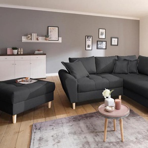 Ecksofa HOME AFFAIRE Rice L-Form Sofas Gr. B/H/T: 223cm x 47cm x 184cm, Struktur fein, Ottomane beidseitig montierbar, grau (anthrazit) mit Bonnellfederkern, Hocker & Kissen, Ottomane beidseitig montierbar