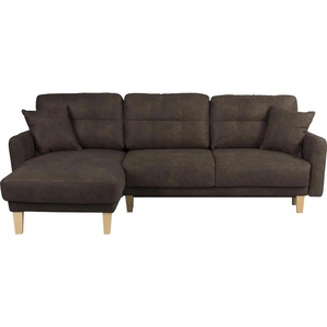 Ecksofa HOME AFFAIRE Triplo, Zierkissen, Schlaffunktion, B/T/H: 234/164/89 cm, L-Form Sofas Gr. B/H/T: 234cm x 89cm x 164cm, Luxus-Microfaser Vintageoptik, Recamiere links, mit Bettfunktion-mit Bettkasten, braun wahlweise mit Bettfunktion und Bettkasten,