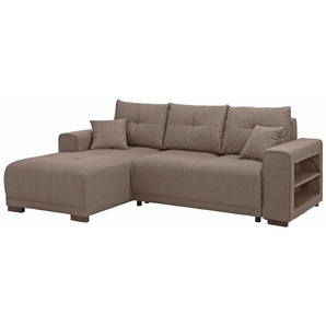 Ecksofa HOME AFFAIRE Viborg L-Form Sofas Gr. B/H/T: 234cm x 91cm x 162cm, Struktur fein, Recamiere links, mit Bettfunktion-mit Bettkasten, braun mit Regal in der Armlehne, wahlweise Bettfunktion