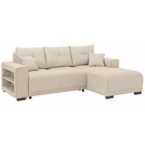 Ecksofa HOME AFFAIRE Viborg L-Form Sofas Gr. B/H/T: 234cm x 91cm x 162cm, Struktur fein, Recamiere rechts, mit Bettfunktion-mit Bettkasten, beige mit Regal in der Armlehne, wahlweise Bettfunktion