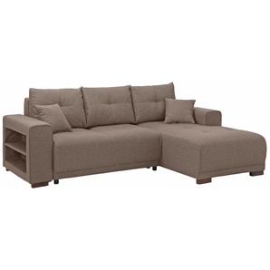 Ecksofa HOME AFFAIRE Viborg L-Form Sofas Gr. B/H/T: 234cm x 91cm x 162cm, Struktur fein, Recamiere rechts, mit Bettfunktion-mit Bettkasten, braun mit Regal in der Armlehne, wahlweise Bettfunktion