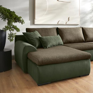 Ecksofa HOME AFFAIRE Win L-Form Sofas Gr. B/H/T: 285cm x 85cm x 176cm, Struktur-Samtvelours, Recamiere beidseitig montierbar, Ohne Bettfunktion und Bettkasten, grün (olive grün) wahlweise mit Bettfunktion und Bettkasten