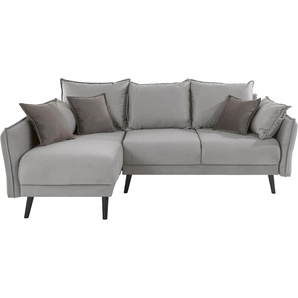 Ecksofa INOSIGN Asra L-Form Sofas Gr. B/H/T: 240cm x 95cm x 170cm, Samtvelours, Recamiere links, mit Bettfunktion-mit Bettkasten, grau (grau/anthrazit) incl. Bettfunktion und Bettkasten, Seitentasche im Armteil, Federkern