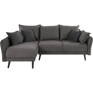 Ecksofa INOSIGN Asra L-Form Sofas Gr. B/H/T: 240cm x 95cm x 170cm, Samtvelours, Recamiere links, mit Bettfunktion-mit Bettkasten, schwarz (anthrazit /schwarz) incl. Bettfunktion und Bettkasten, Seitentasche im Armteil, Federkern