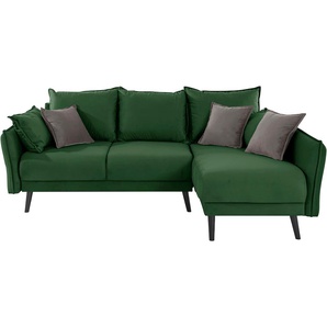 Ecksofa INOSIGN Asra L-Form Sofas Gr. B/H/T: 240cm x 95cm x 170cm, Samtvelours, Recamiere rechts, mit Bettfunktion-mit Bettkasten, grün (flaschengrün/olivegrün) incl. Bettfunktion und Bettkasten, Seitentasche im Armteil, Federkern