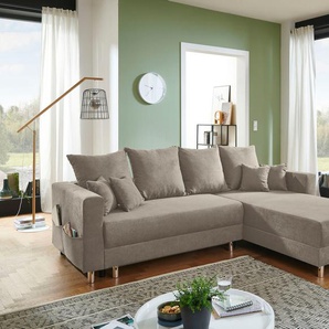 Ecksofa INOSIGN L-Form Sofas Gr. B/H/T: 252cm x 95cm x 192cm, Luxus-Microfaser, Recamiere beidseitig montierbar, grau (taupe) inklusive Bettfunktion, Bettkasten, loser Zier- und Rückenkissen