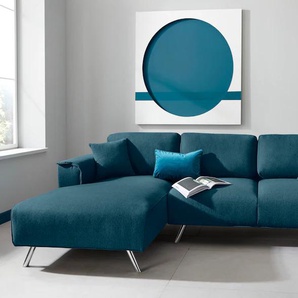 Ecksofa INOSIGN Malaga L-Form Sofas Gr. B/H/T: 276cm x 85cm x 169cm, Struktur fein, Recamiere links, blau (petrol) Deckenoptik auf Recamiere und Armlehne