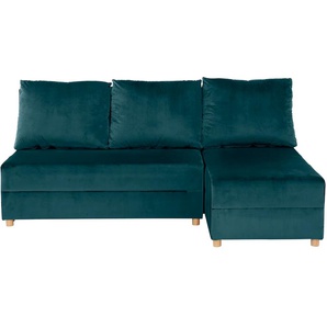 Ecksofa INOSIGN Mick L-Form Sofas Gr. B/H/T: 197cm x 90cm x 145cm, Samtoptik, mit Bettfunktion-mit Bettkasten, blau (petrol) Longchair linksrechts montierbar, wahlweise mit Bettfunktion