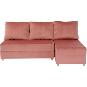 Ecksofa INOSIGN Mick L-Form Sofas Gr. B/H/T: 197cm x 90cm x 145cm, Samtoptik, mit Bettfunktion-mit Bettkasten, rosa (rosé) Longchair linksrechts montierbar, wahlweise mit Bettfunktion