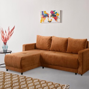 Ecksofa INOSIGN Navarra, Schlafsofa, 230cm, m. Bettfunktion (115/200cm) und Bettkasten Sofas Gr. B/H/T: 230cm x 83cm x 155cm, Cord, Recamiere beidseitig montierbar, orange (terrakotta) Recamiere beidseitig montierbar, in Cord