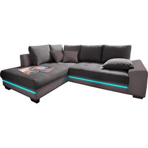 Ecksofa INOSIGN Nikita II, L-Form Sofas Gr. B/H/T: 240cm x 86cm x 190cm, Microfaser PRIMABELLE-Struktur, Ottomane links, belastbar bis 100kg-mit RGB-LED-Beleuchtung, grau (anthrazit/dunkelgrau) Wahlweise mit Kaltschaum, EasyBett, Bettkasten