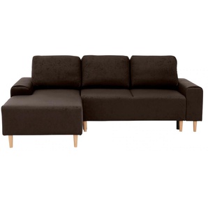 Ecksofa INOSIGN Samu L-Form Sofas Gr. B/H/T: 235cm x 93cm x 160cm, Microfaser PRIMABELLE, Recamiere links, ohne Bettfunktion-ohne Bettkasten, braun (dunkelbraun) wahlweise mit Bettfunktion und Bettkasten