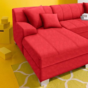 Ecksofa INOSIGN Turah incl. Zierkissen, moderne Steppung, auch in Leder Sofas Gr. B/H/T: 239cm x 75cm x 82cm, Microfaser PRIMABELLE, Recamiere links, mit Bettfunktion, rot wahlweise mit Bettfunktion, Schlafsofa, BTH: 23915275 cm, L-Form