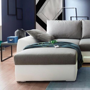 Ecksofa JOCKENHÖFER GRUPPE Basel L-Form Sofas Gr. B/H/T: 278cm x 84cm x 180cm, Kunstleder SOFTLUX-Struktur, Ottomane beidseitig montierbar, grau (weiß/grau) inklusive LED-Beleuchtung, mit Bettfunktion und Bettkasten