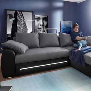 Ecksofa JOCKENHÖFER GRUPPE Basel L-Form Sofas Gr. B/H/T: 278cm x 84cm x 180cm, Kunstleder SOFTLUX-Struktur, Ottomane beidseitig montierbar, schwarz inklusive LED-Beleuchtung, mit Bettfunktion und Bettkasten