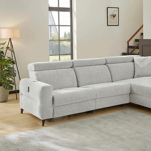 Ecksofa JOCKENHÖFER GRUPPE Monaco L-Form mit elektromotorischer Relaxfunktion und Sofas Gr. B/T: 300 cm x 105 cm, Struktur flausch, Ottomane beidseitig montierbar, grau (hellgrau) Ecksofas induktiver Lademöglichkeit + USB-A Ladeport, verstellbare