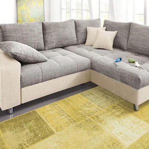 Ecksofa MR. COUCH Tobi L-Form Sofas Gr. B/H/T: 226cm x 75cm x 105cm, Microfaser PRIMABELLE-Struktur, Ottomane rechts, mit Bettfunktion, beige (natur/grau-ecru) wahlweise mit Kaltschaum (140kg BelastungSitz) und Bettfunktion