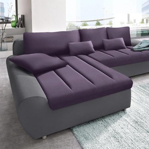 Ecksofa SIT & MORE Bandos L-Form Sofas Gr. B/H/T: 289cm x 83cm x 173cm, Flachgewebe, Recamiere links, mit Bettfunktion, lila (anthrazit/pflaume) in 2 unterschiedlichen Größen, wahlweise mit Bettfunktion