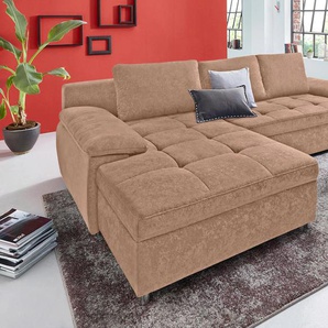 Ecksofa SIT & MORE Labene L-Form Sofas Gr. B/H/T: 270cm x 82cm x 90cm, Luxus-Microfaser ALTARA NUBUCK, Recamiere beidseitig montierbar, XL-mit Bettfunktion-mit Bettkasten-ohne Federkern, braun (nuss) wahlweise mit Bettfunktion und Bettkasten, auch als