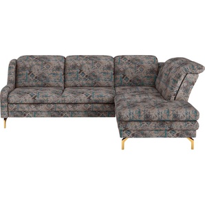 Ecksofa SIT&MORE Orient L-Form Sofas Gr. B/H/T: 258 cm x 91 cm x 221 cm, Jacquard, Ottomane rechts, mit Kopfteilverstellung-mit Bettfunktion-mit Stauraum, braun (hellbraun) inkl. 2 Zierkissen mit Strass-Stein, goldfabene Metallfüße