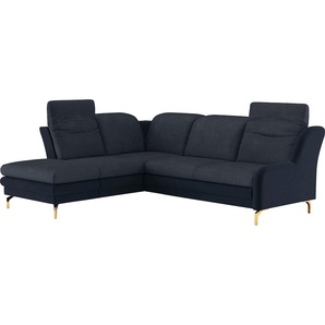 Ecksofa SIT&MORE Orient L-Form Sofas Gr. B/H/T: 258 cm x 91 cm x 221 cm, Struktur, Ottomane links, mit Kopfteilverstellung-mit Bettfunktion-mit Stauraum, blau (dunkelblau, navy) inkl. 2 Zierkissen mit Strass-Stein, goldfabene Metallfüße