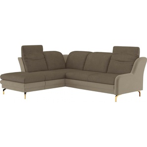 Ecksofa SIT&MORE Orient L-Form Sofas Gr. B/H/T: 258 cm x 91 cm x 221 cm, Struktur, Ottomane links, mit Kopfteilverstellung-mit Bettfunktion-mit Stauraum, braun (hellbraun, sand) inkl. 2 Zierkissen mit Strass-Stein, goldfabene Metallfüße