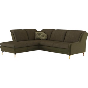 Ecksofa SIT&MORE Orient L-Form Sofas Gr. B/H/T: 258 cm x 91 cm x 221 cm, Struktur, Ottomane links, mit Kopfteilverstellung-mit Bettfunktion-mit Stauraum, grün (dunkelgrün, olive) inkl. 2 Zierkissen mit Strass-Stein, goldfabene Metallfüße