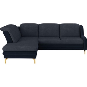 Ecksofa SIT&MORE Orient L-Form Sofas Gr. B/H/T: 258 cm x 91 cm x 221 cm, Struktur, Ottomane links, mit Kopfteilverstellung-ohne Bettfunktion-ohne Stauraum, blau (dunkelblau, navy) inkl. 2 Zierkissen mit Strass-Stein, goldfabene Metallfüße