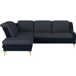 Ecksofa SIT&MORE Orient L-Form Sofas Gr. B/H/T: 258 cm x 91 cm x 221 cm, Struktur, Ottomane links, ohne Kopfteilverstellung-ohne Bettfunktion-ohne Stauraum, blau (dunkelblau, navy) inkl. 2 Zierkissen mit Strass-Stein, goldfabene Metallfüße