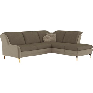 Ecksofa SIT&MORE Orient L-Form Sofas Gr. B/H/T: 258 cm x 91 cm x 221 cm, Struktur, Ottomane rechts, mit Kopfteilverstellung-mit Bettfunktion-mit Stauraum, braun (hellbraun, sand) inkl. 2 Zierkissen mit Strass-Stein, goldfabene Metallfüße