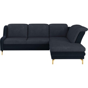 Ecksofa SIT&MORE Orient L-Form Sofas Gr. B/H/T: 258 cm x 91 cm x 221 cm, Struktur, Ottomane rechts, mit Kopfteilverstellung-ohne Bettfunktion-ohne Stauraum, blau (dunkelblau, navy) inkl. 2 Zierkissen mit Strass-Stein, goldfabene Metallfüße